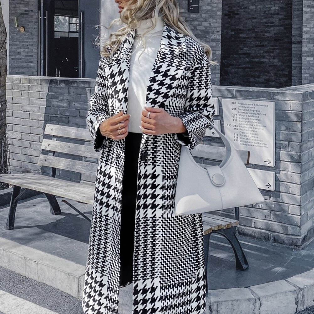 black white houndstooth long trench pea coat jacke - Picture 7 of 7